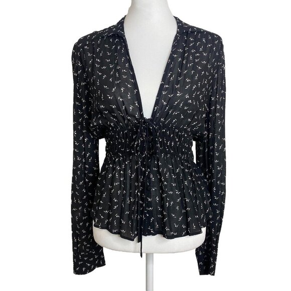 Free People Top Colette Black White Floral Long Sleeve Blouse Womens Size Small - Picture 2 of 9